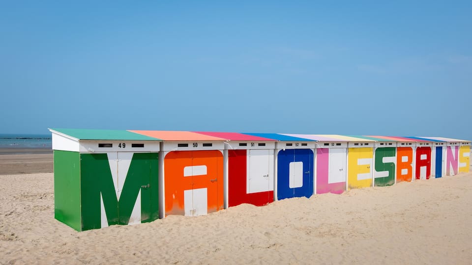 Colorful beach huts on sandy beach in Malo-les-Bains, Dunkirk, France