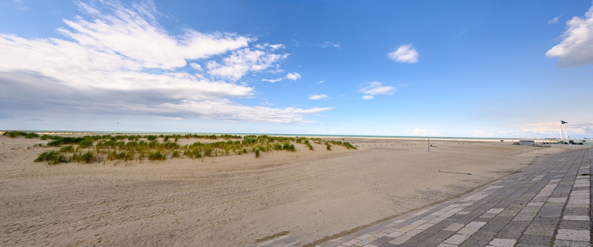 A beach with sand dunes and a clear sky.