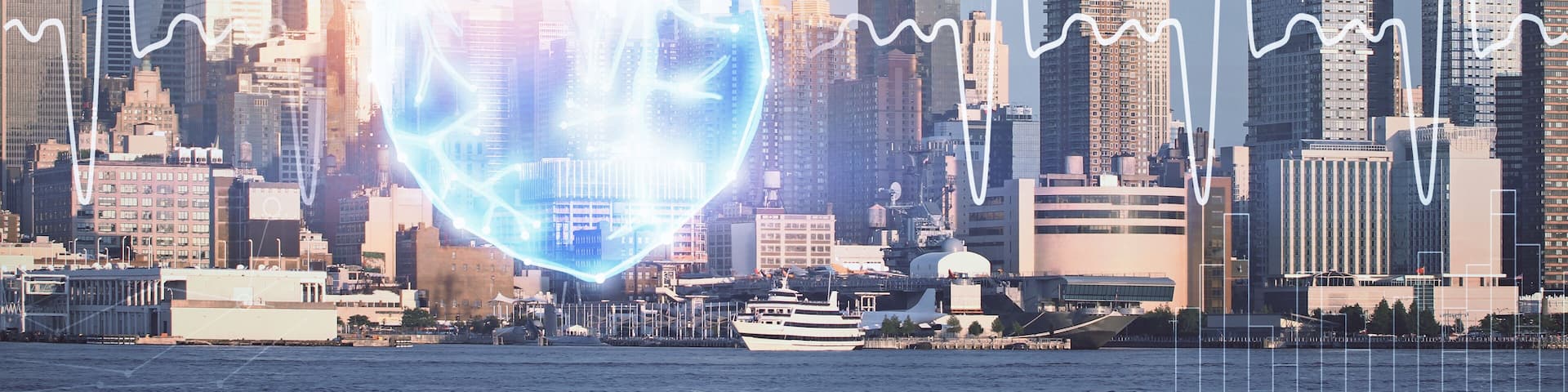 Double exposure of heart icon and cityscape background.