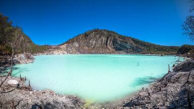 White crater or Kawah Putih sulfur lake in West Java, Near Bandung city, Indonesia..