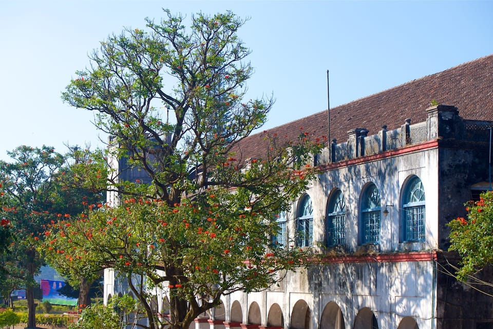 Een historisch gebouw met gebogen ramen en een pannendak, omringd door weelderig groen en bloeiende bomen.