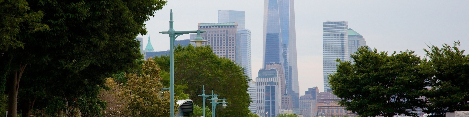 Hudson River Park showing a city as well as a small group of people