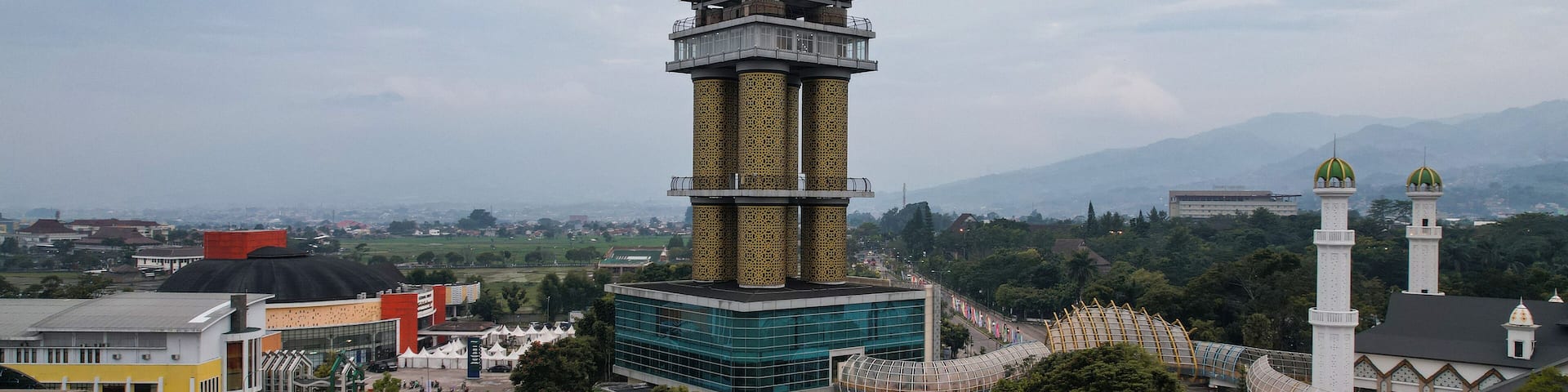 Aerial View of the pedestrian bridge that connects the Al Fathu Mosque and the Sabilulungan Cultural Gedong which is in the Soreang area.