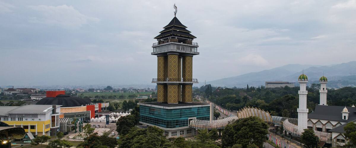 A mosque with a tall minaret, surrounded by greenery and urban buildings.