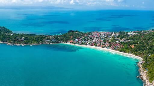 Aerial view of Haad Rin beach or Hat Rin in Ko Pha Ngan, Thailand