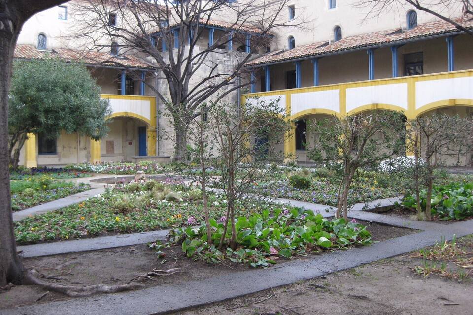 A courtyard with a garden, a building with yellow and blue accents, and a tree.