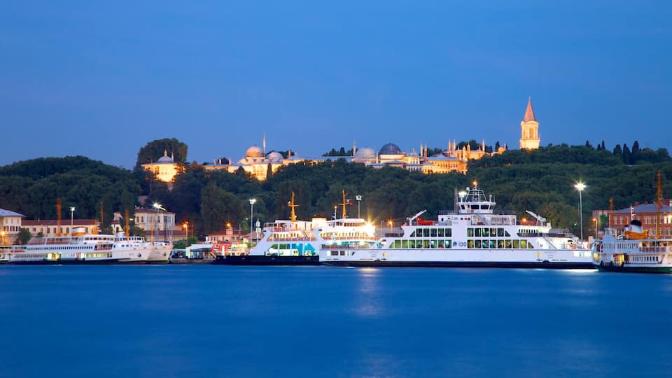 Galata Tower showing night scenes, a ferry and a bay or harbor