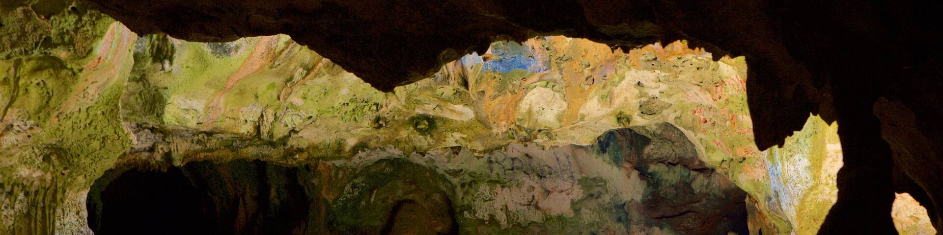 A cave with stalactites and stalagmites.