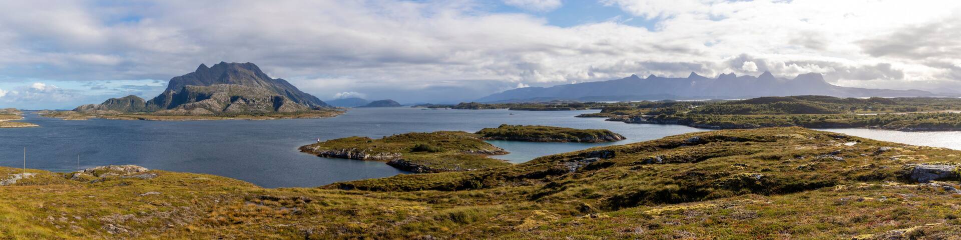 panoramic view, scenery on island Heroy with mountain range seven sisters (syv søstre), Norway,Nordland
