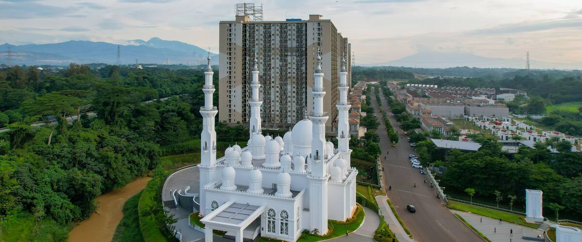 Aerial view of At-Thohir Mosque panorama view Largest Mosque in Depok Place to visit in Indonesia. Depok, Indonesia, February 26, 2022