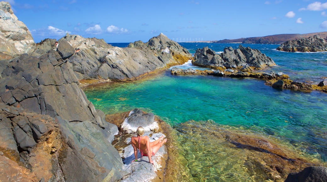 Piscina natural de Conchi ofreciendo vistas generales de la costa y también una mujer