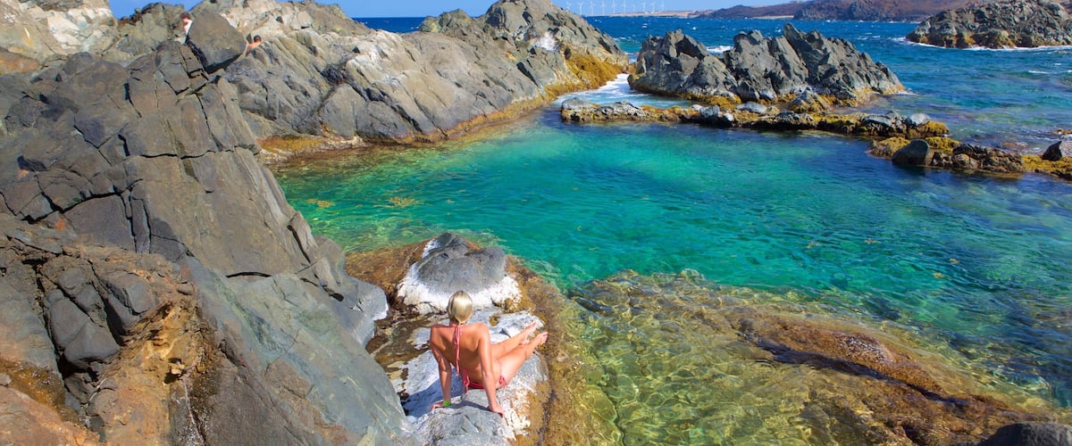 Piscina natural de Conchi que incluye vistas de una costa y también una mujer