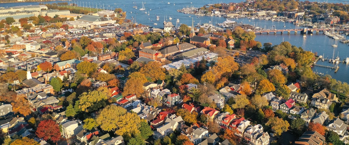 A coastal town with autumn foliage, a marina, and a bridge in the background.