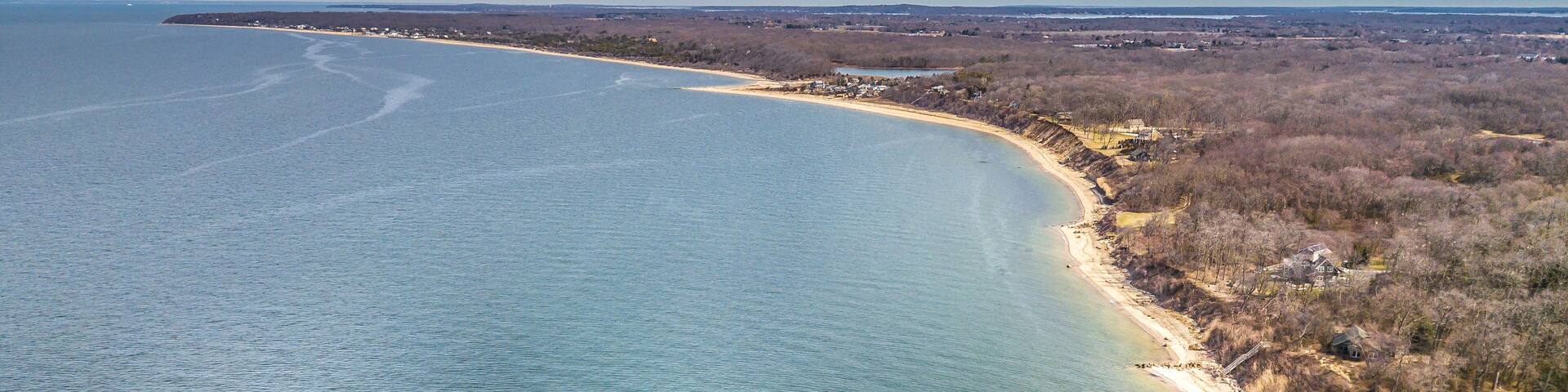 A coastal landscape with a sandy beach, a curving shoreline, and a forested area.