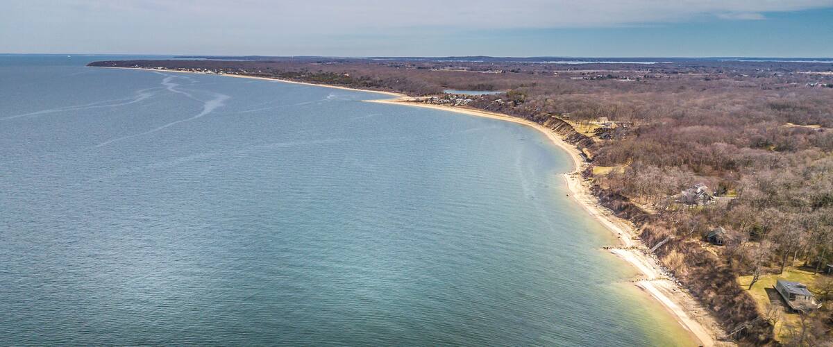 A coastal landscape with a sandy beach, a curving shoreline, and a forested area.
