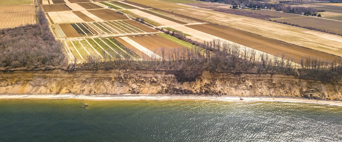 An aerial view of agricultural fields, a coastline, and distant hills.