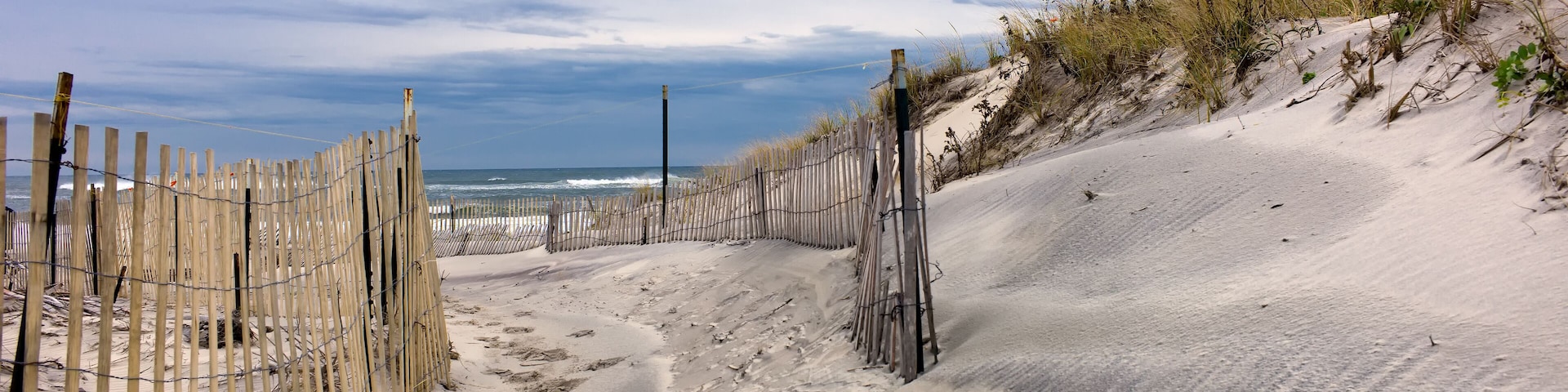 Path through sand dunes on a beach on Long Island, New York