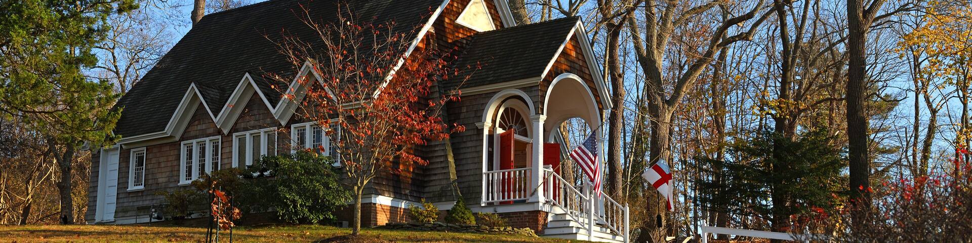 St. James Chapel (1889), now All Souls Episcopal Church, historic chapel in Stony Brook, New York, on sunny day