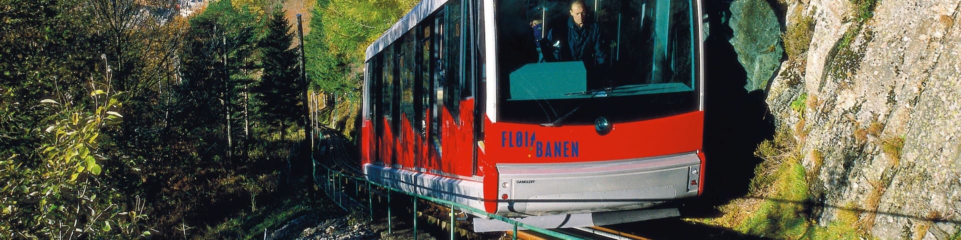 Floibanen Funicular featuring railway items