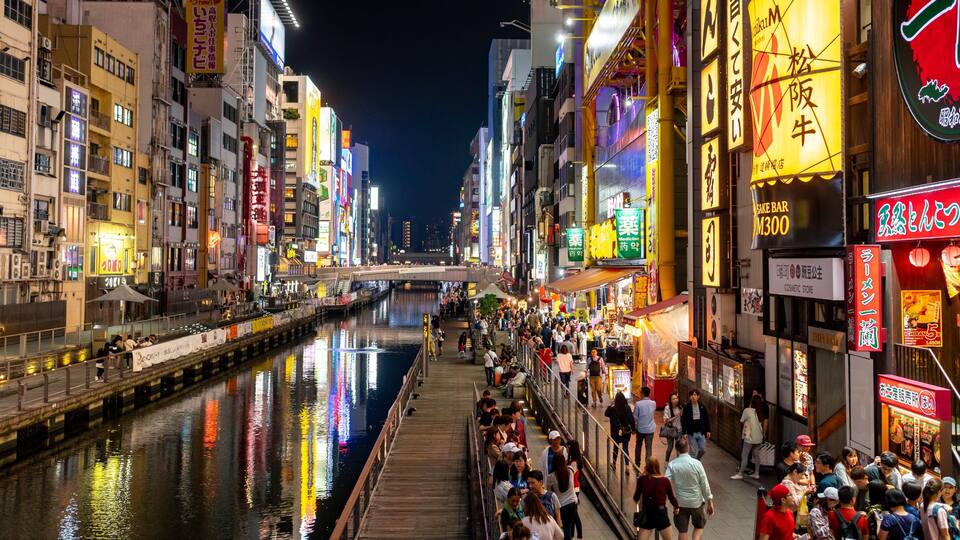 Shinsaibashi featuring a city, a river or creek and city views
