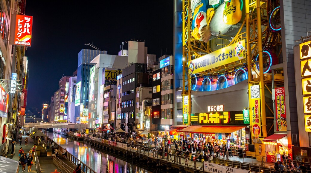 Shinsaibashi featuring a river or creek, city views and night scenes