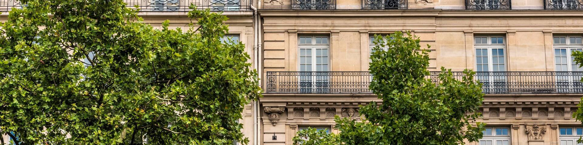 France, 8th arrondissement of Paris, Champs-Elysees Clemenceau metro station, Haussmannian buildings facades on the avenue George Vfa