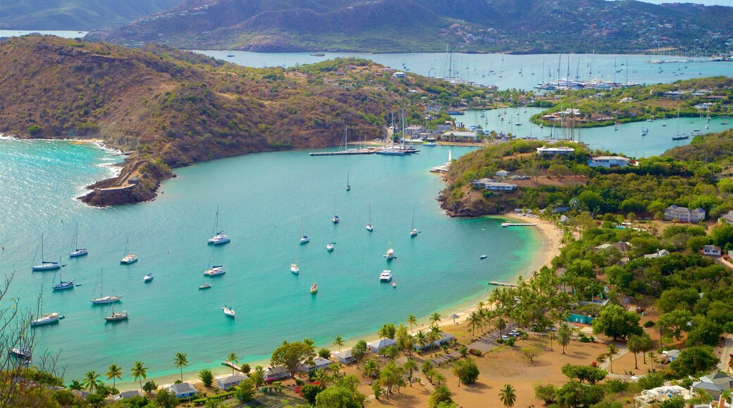 Shirley Heights showing a coastal town, a bay or harbor and island images