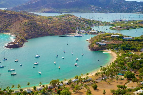 Shirley Heights which includes a bay or harbour, a coastal town and island images