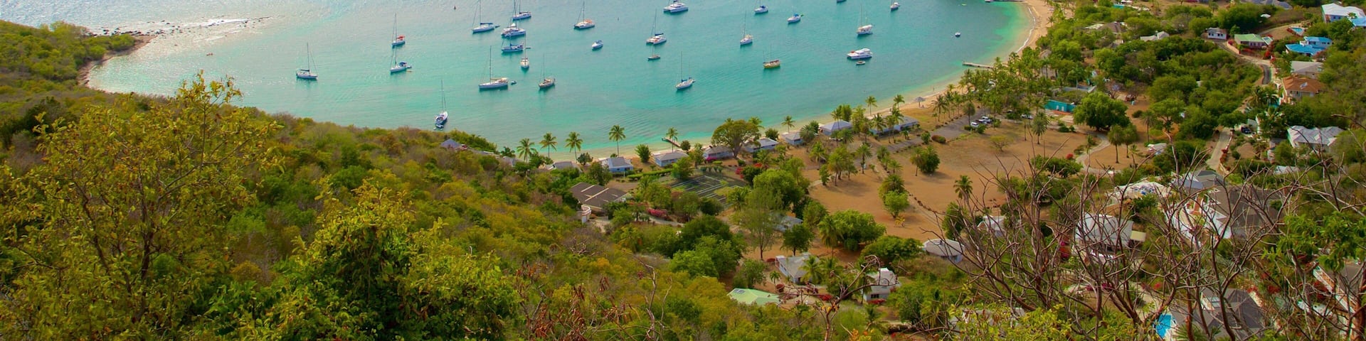 Shirley Heights que incluye una ciudad costera, imágenes de una isla y una bahía o un puerto
