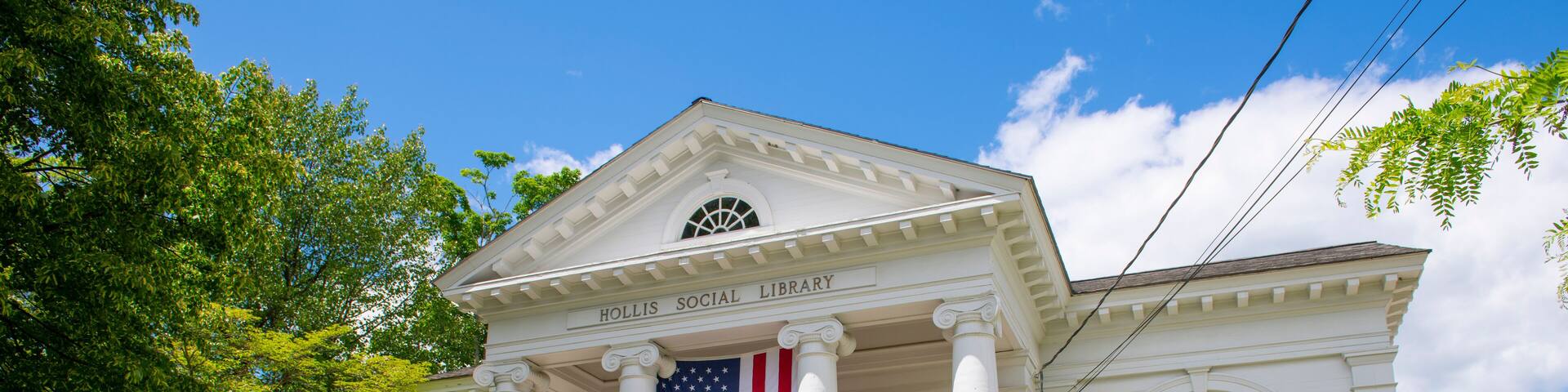 Hollis Social Library at 2 Monument Square in the historic town center of Hollis, New Hamshire NH, USA.