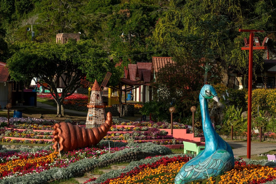 Un giardino con aiuole fiorite, una grande scultura di pavone e una struttura a mulino.