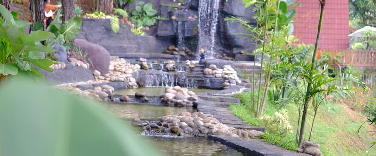 A waterfall cascading over rocks into a pond surrounded by lush greenery and trees.