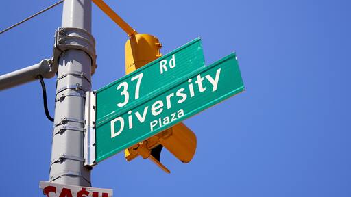 Diversity Plaza street sign, Jackson Heights, Queens, New York, USA