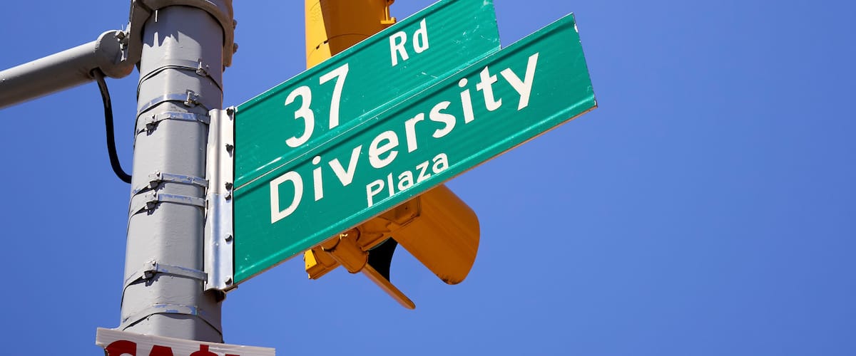 Diversity Plaza street sign, Jackson Heights, Queens, New York, USA