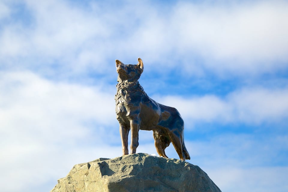 Una estàtua de bronze d'un gos dempeus sobre una roca davant d'un cel blau amb núvols.
