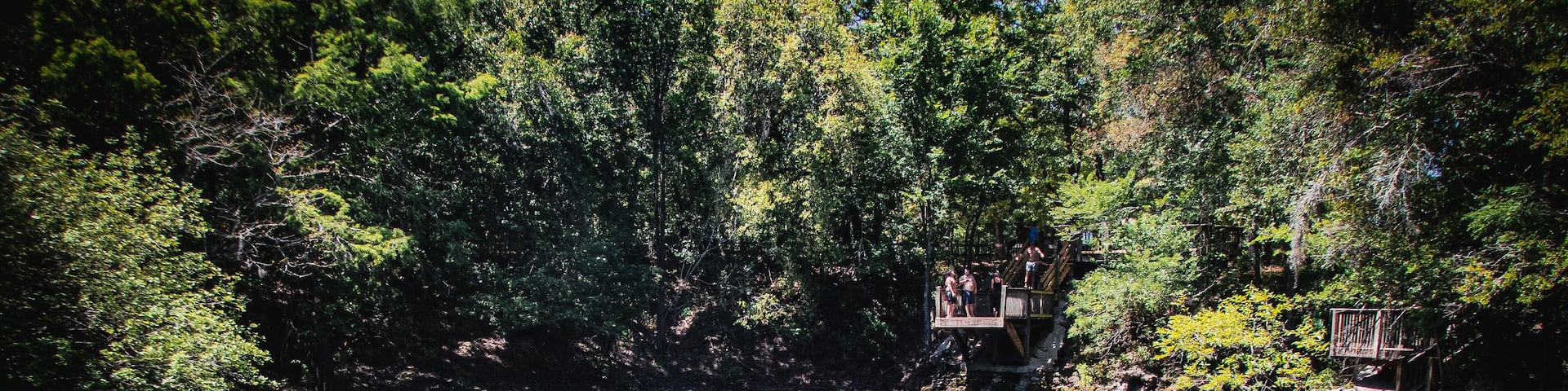 Scuba diver entering the shallow clear blue spring waters in lush forest, Royal Springs, County Park, Florida