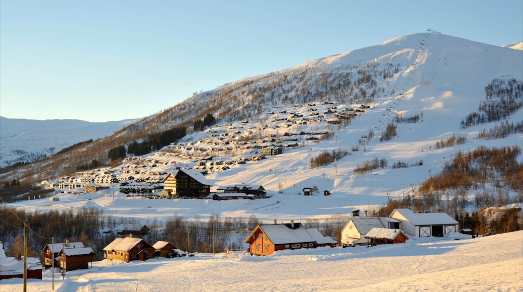 Myrkdalen ofreciendo nieve, montañas y una pequeña ciudad o pueblo