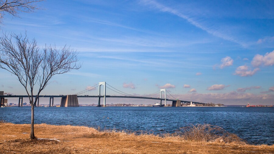 Throgs Neck Bridge and Long Island Sound in New York City seen from Bayside Queens towards the Bronx