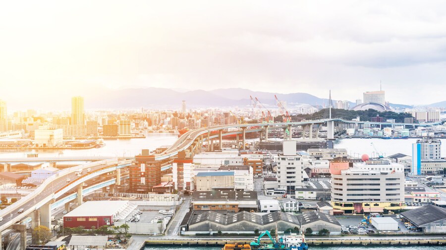 city skyline view in hakata port, Fukuoka Japan