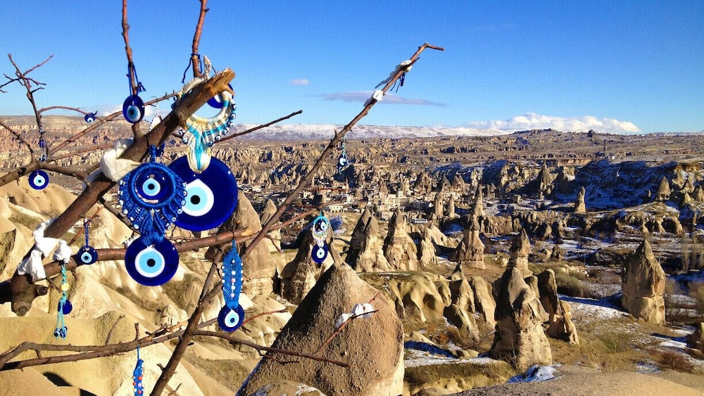 Cappadocia has really interesting and unique landscapes. One of the best views is looking over the Pigeon Valley. Also in this shot is an Evil Eye Tree, which is believed to ward off bad luck and evil spirits.
#turkey #cappadocia #snow #blue #bestof5