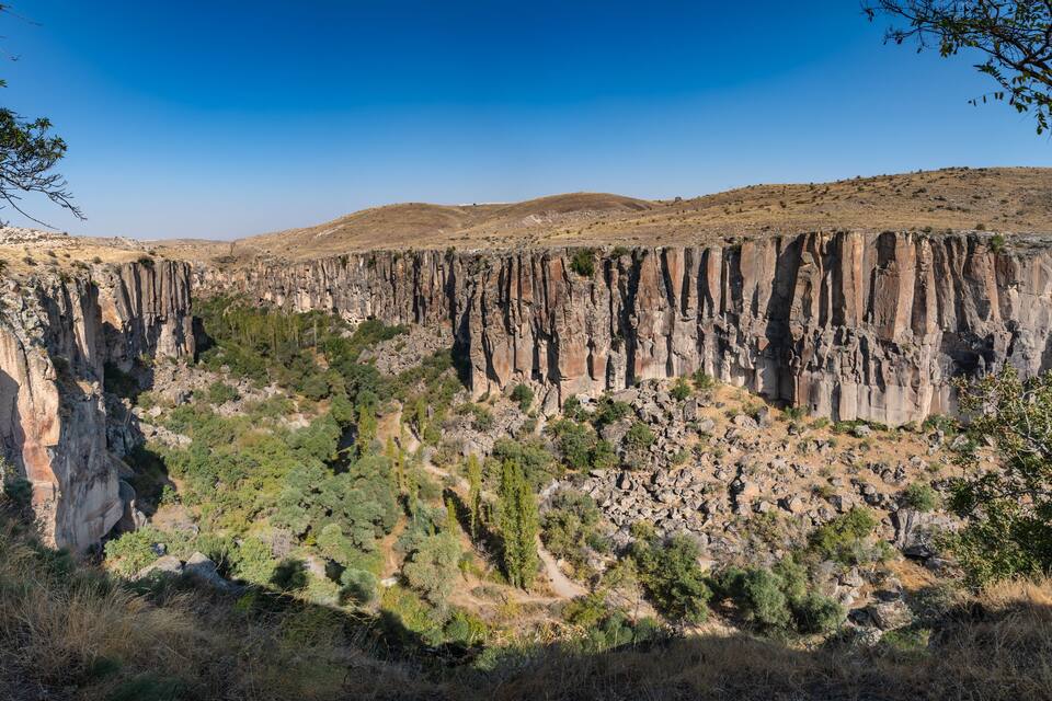 A canyon with steep rock faces and sparse vegetation.
