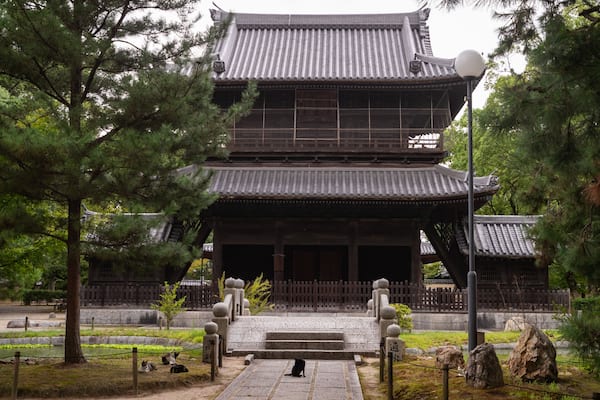 Un bâtiment japonais traditionnel, doté d’un toit en tuiles et d’une structure en bois, entouré d’arbres et bordé d’un sentier en pierre.