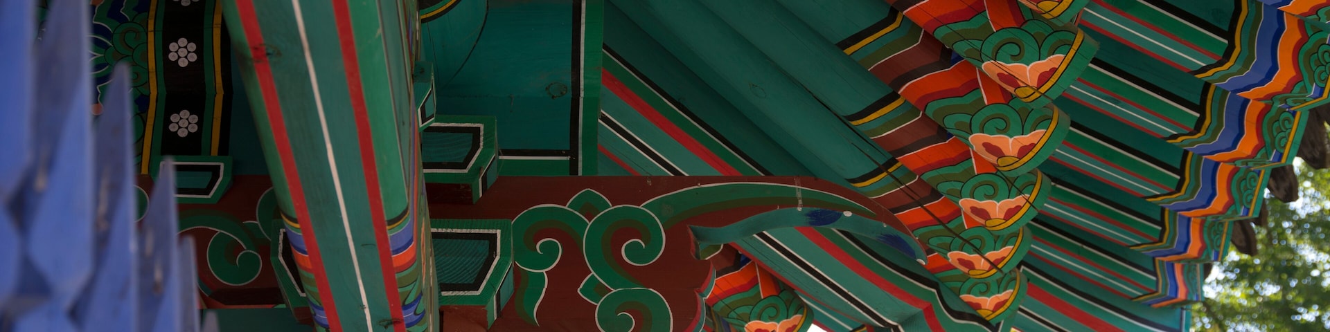 View of the wooden eaves in the Buddhist temple building