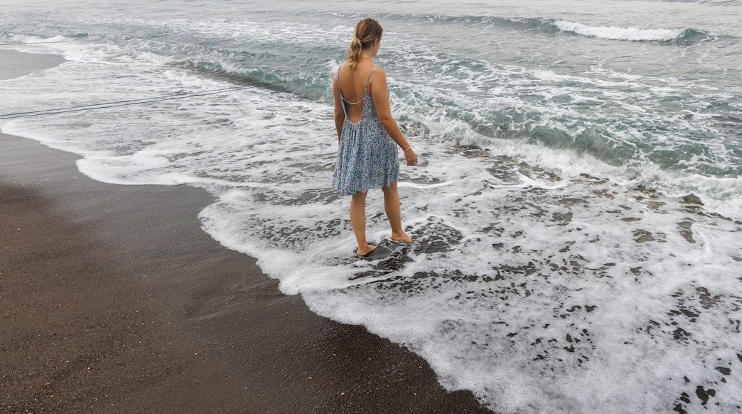A woman standing on a beach with waves approaching.
