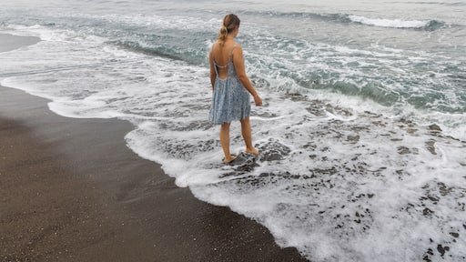 Une femme se tient sur une plage, et les vagues sâapprochent.