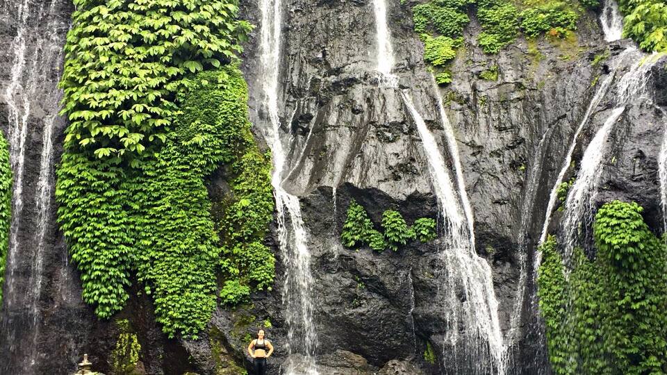 A waterfall surrounded by lush greenery.