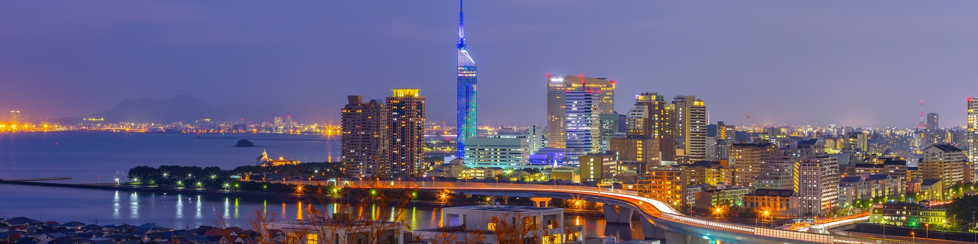 Panorama view of Hakata cityscape skyline in Fukuoka, Japan