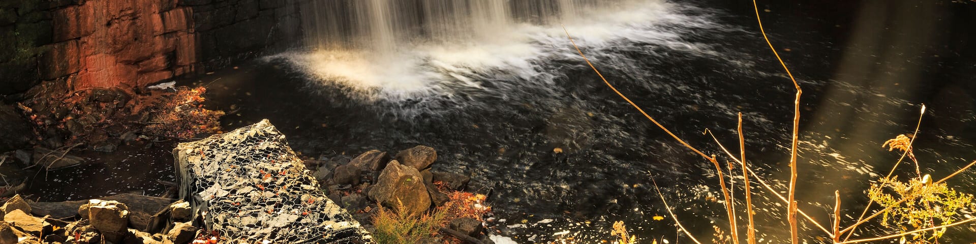 Scenic view of dam on Pootatuck River in Rocky Glen State Park
