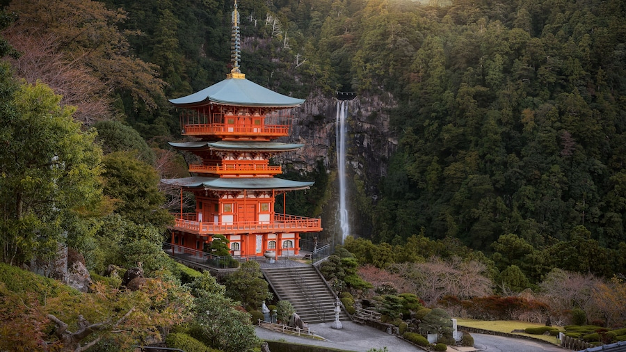 The beautiful scene of Seigantoji pagoda and Nachi no Taki waterfall at early of autumn, Wakayama, Japan