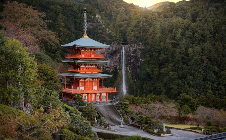 The beautiful scene of Seigantoji pagoda and Nachi no Taki waterfall at early of autumn, Wakayama, Japan